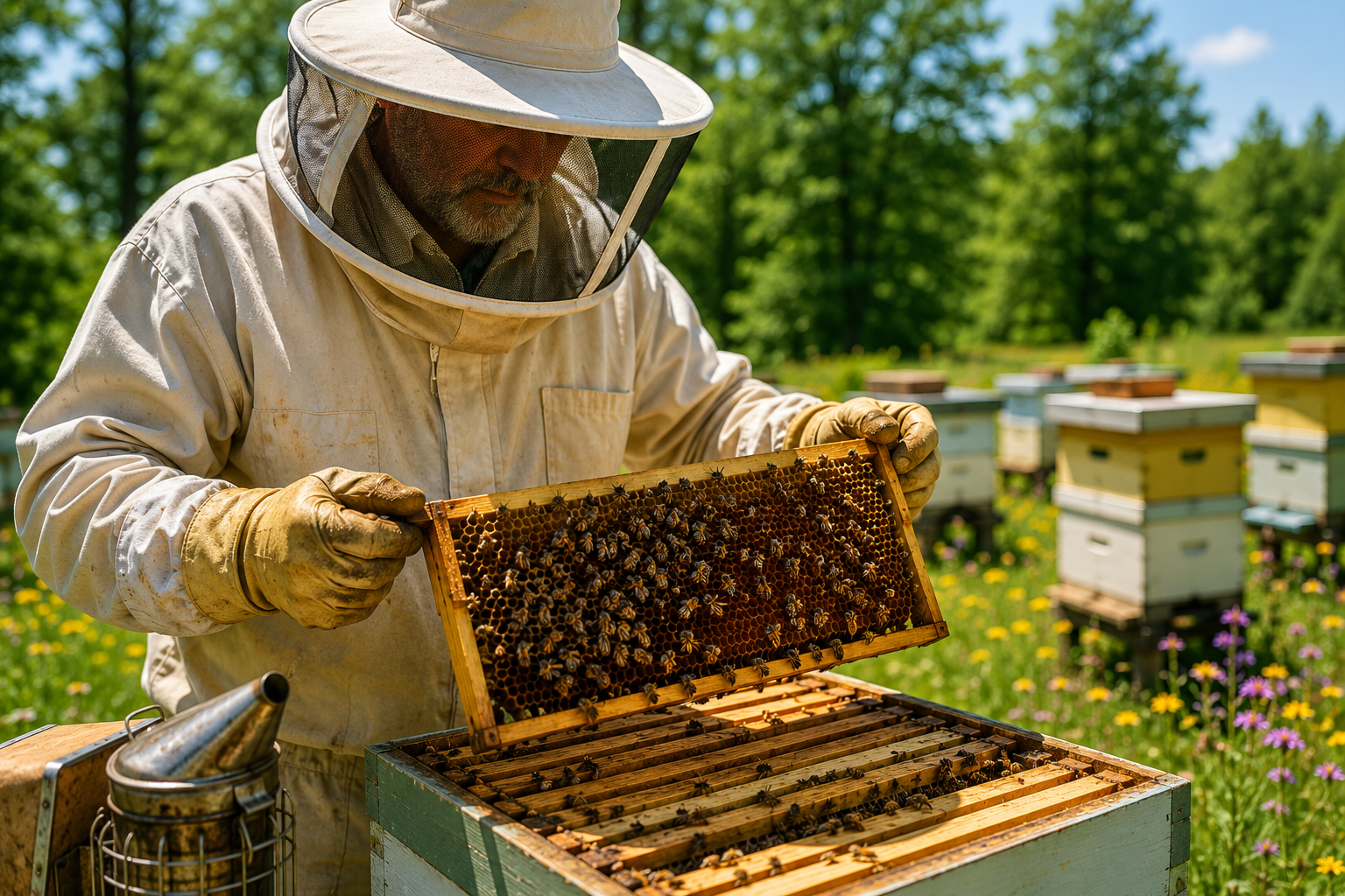 Beekeeper inspecting a frame of honey bees